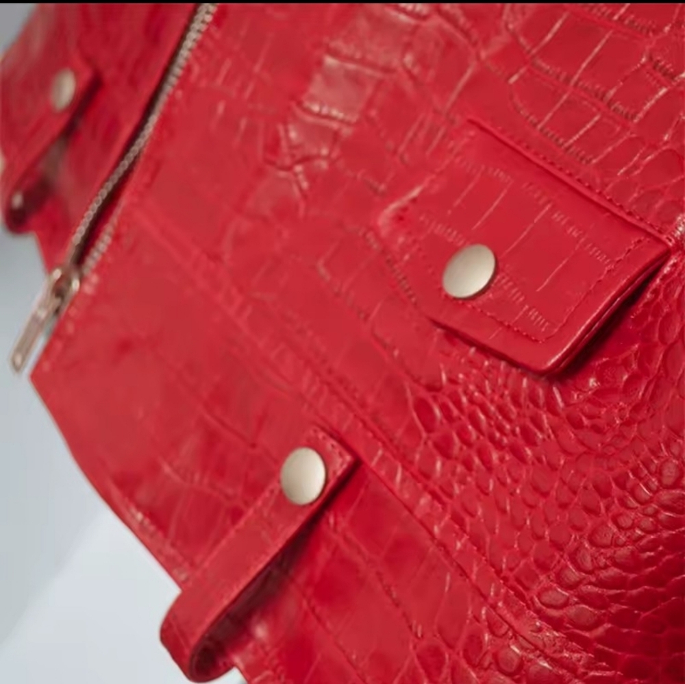 Red Croc-Embossed Leather Jacket - image 5